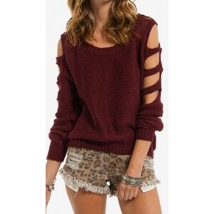 Pippa Lynn Burgundy 100% Cotton Ladder Sleeve Boho Sweater Oxblood Chunky Knit